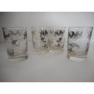 Vintage Lot of 4 Libbey Double shot glasses Black Gold Horseless Carriages Cars